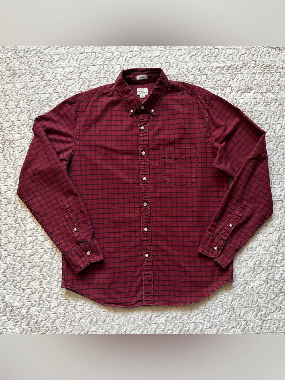 J.Crew Men’s Large Slim Oxford Shirt Red/Burgundy Plaid Check Button Down